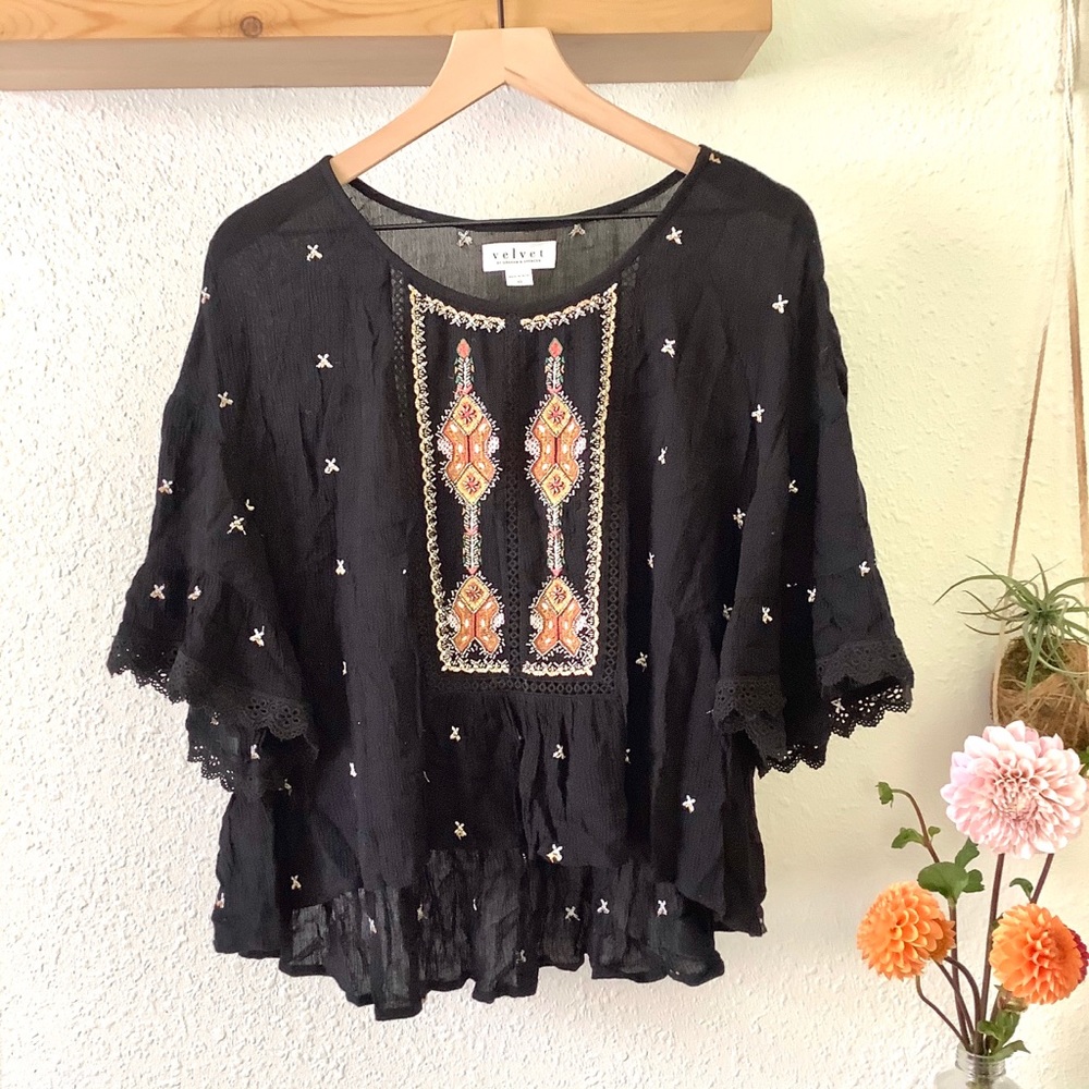 Anthropologie Velvet embroidered top